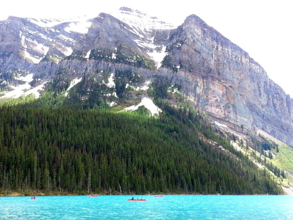2014 06-22 Lake Louise mountain with red canoe